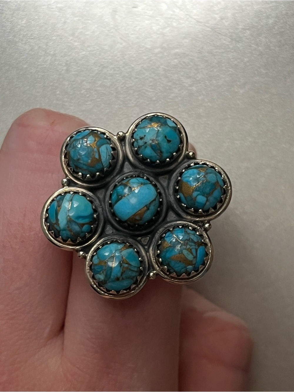 Kingman Turquoise Sterling Silver Cluster Statement Ring - Adjustable